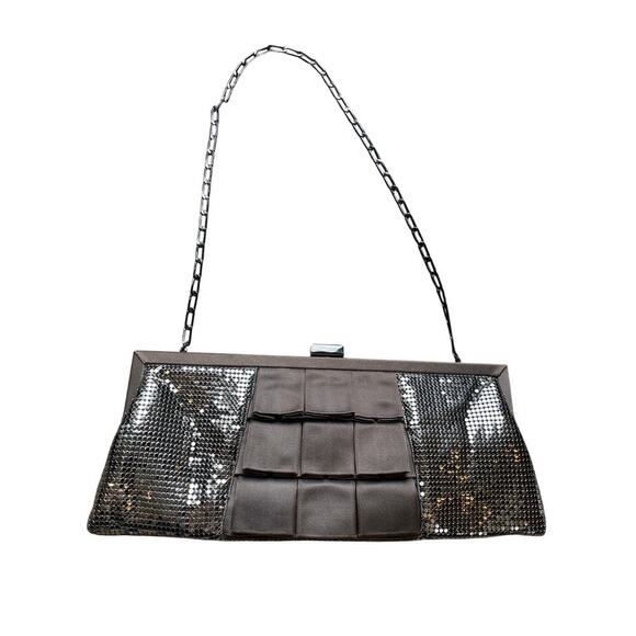 Whiting & Davis Pewter Mesh and Brown Satin Ruffles Clutch with Strap. EUC. - Picture 4 of 6